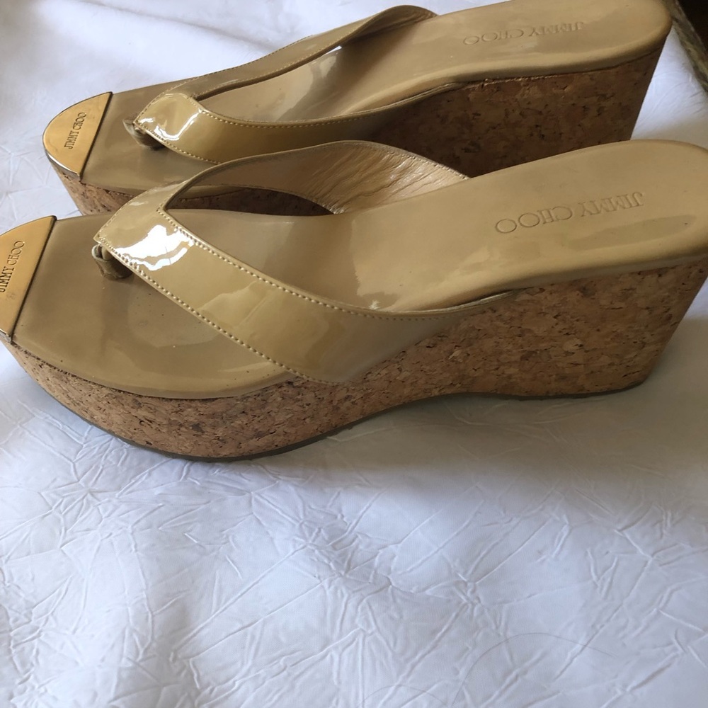 Jimmy Choo Open Toe Wedge Sandals. Leather Corks. Made in Italy. Size 8 1/2